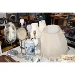 A quantity of various table lamps and shades, mirr