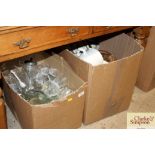 A box of miscellaneous table glassware and a box o