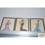 Three oriental watercolours, one framed AF