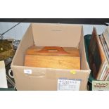 Wooden sewing box and contents; pair of clogs; Fir