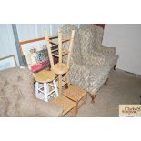 Three modern kitchen stools and two string seated