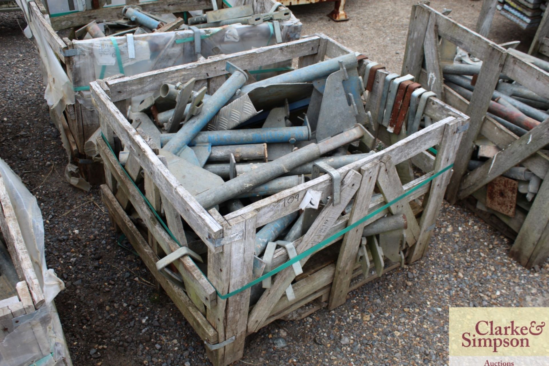 Stillage of Haki Scaffolding components. To include Adjustable Brackets, Brackets, Beam Riders,