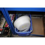 A box of plastic storage tubs; brass coal scuttle;