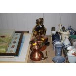 A copper kettle; brass jug etc