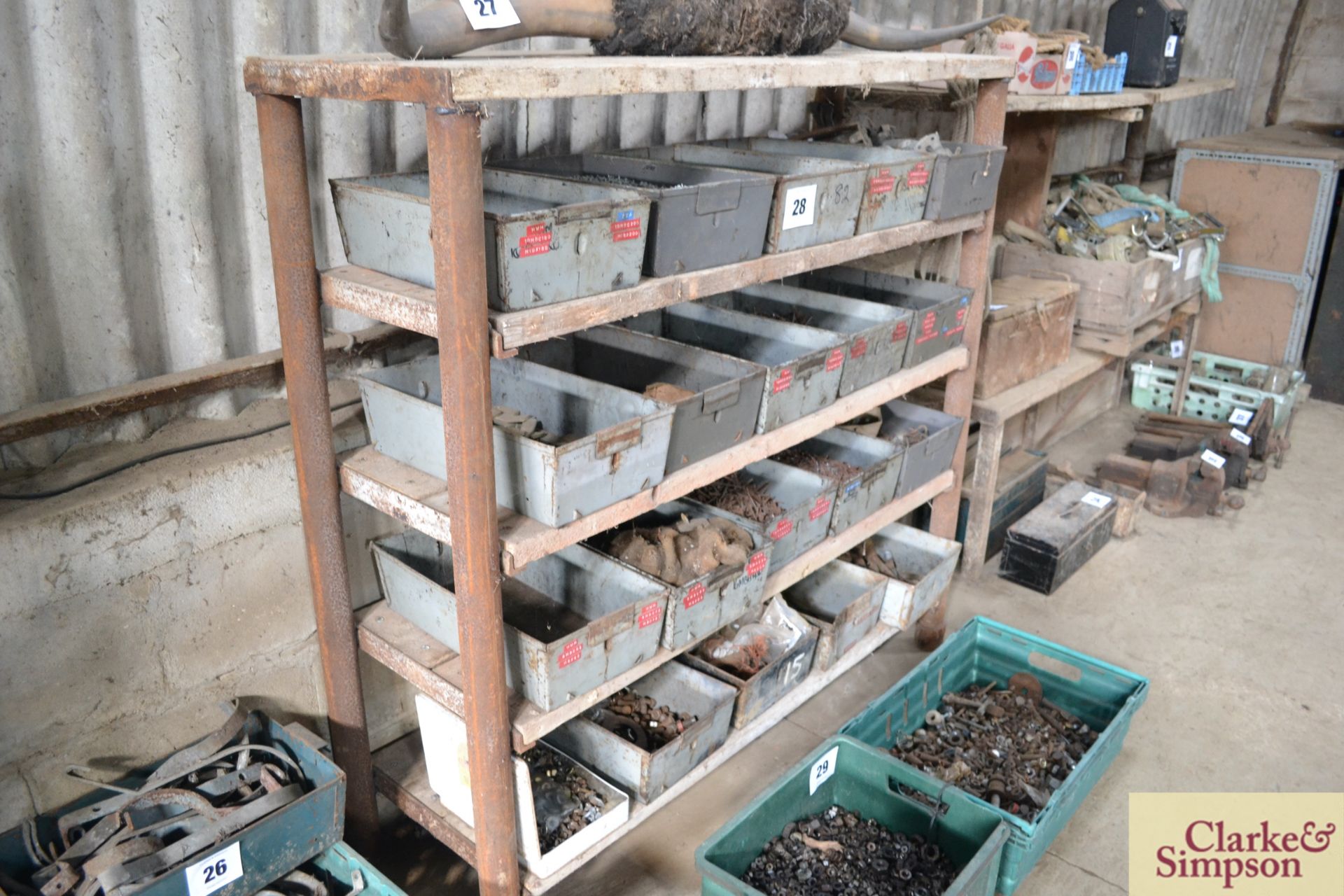 Parts storage rack with large quantity of bins and contents of nails and fasteners. - Image 2 of 2