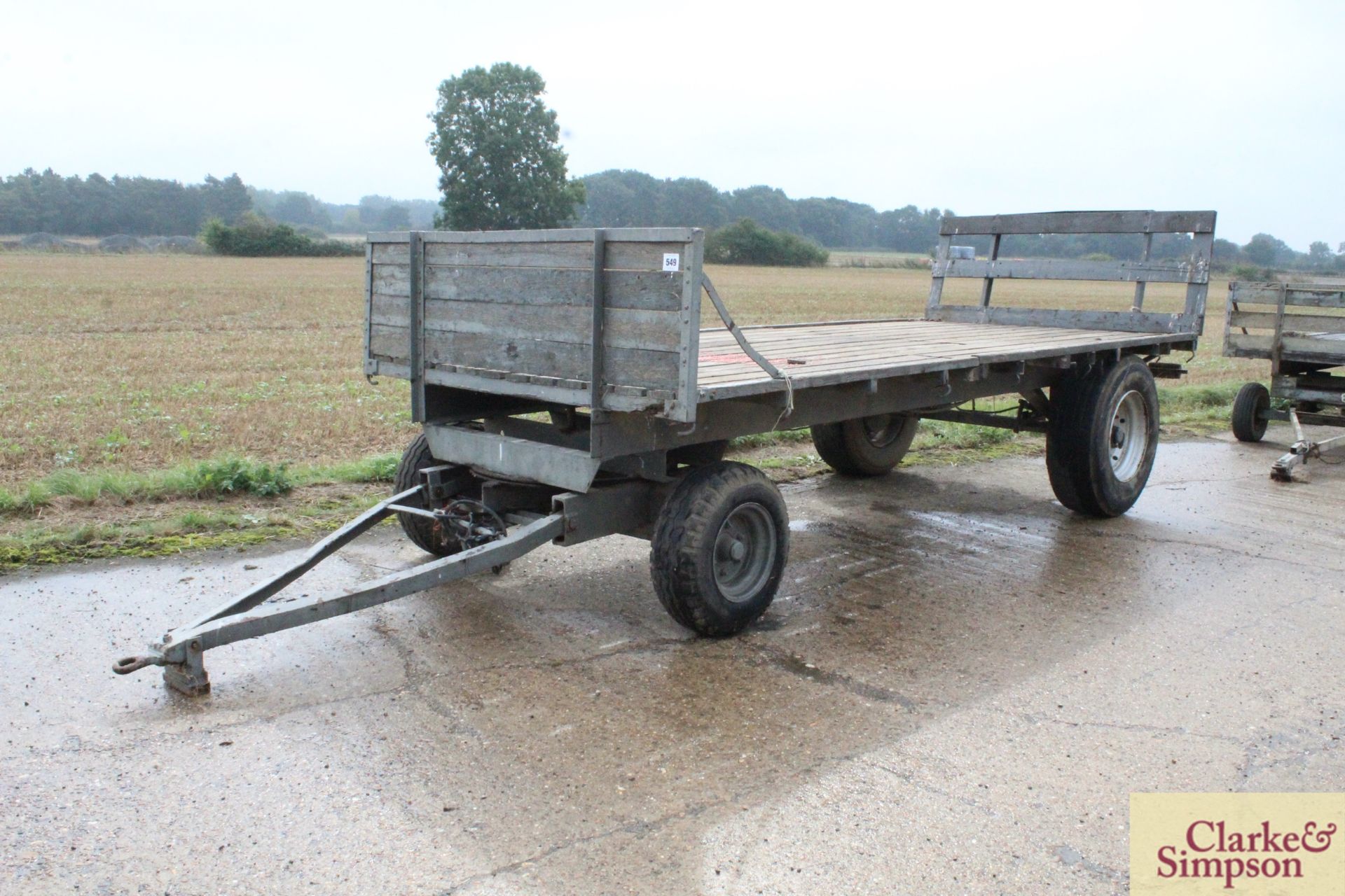 Farm made 16ft four-wheel turntable flatbed trailer.