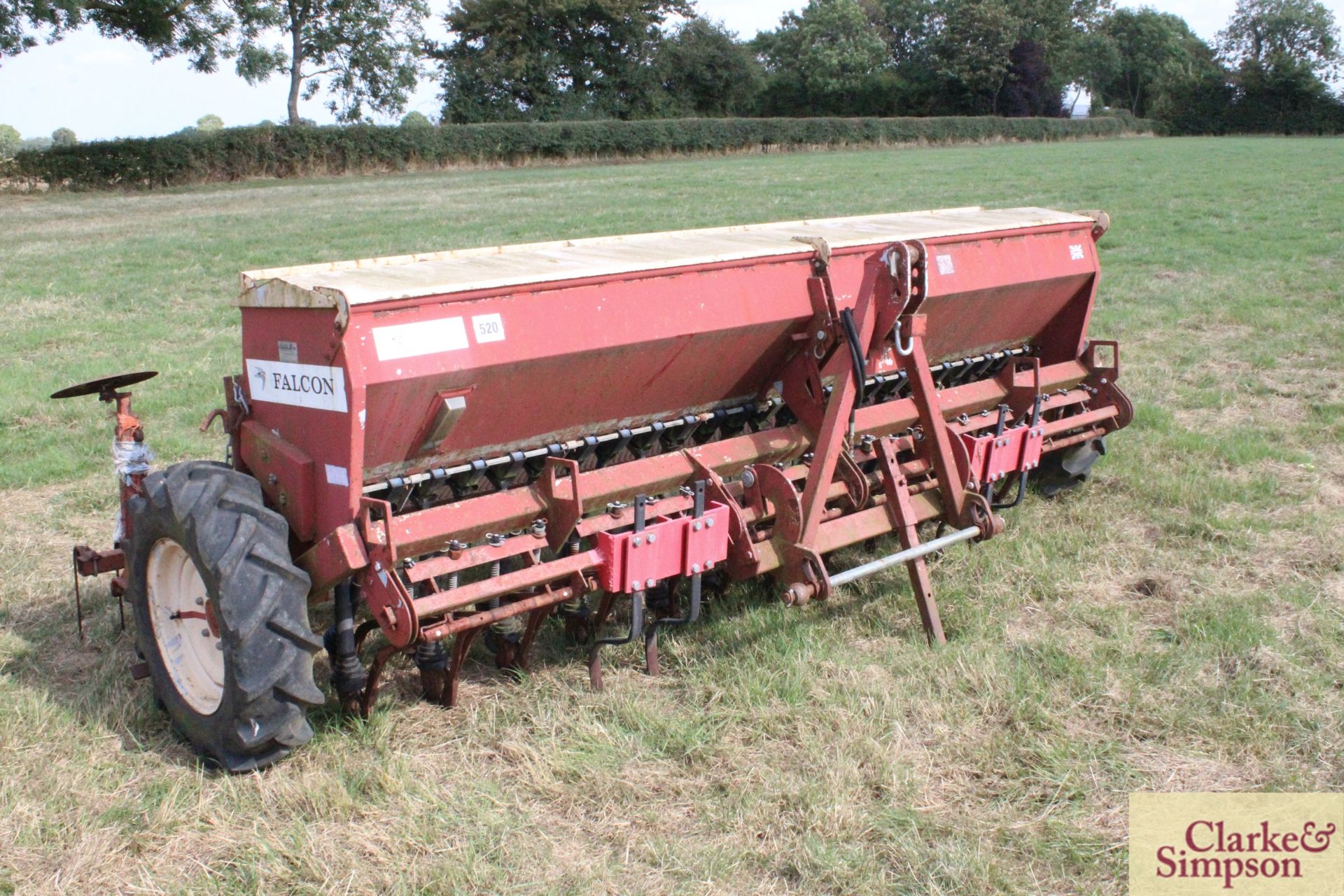 Falcon 3m mounted drill. With Suffolk coulters, covering harrow, bout markers and wheel track