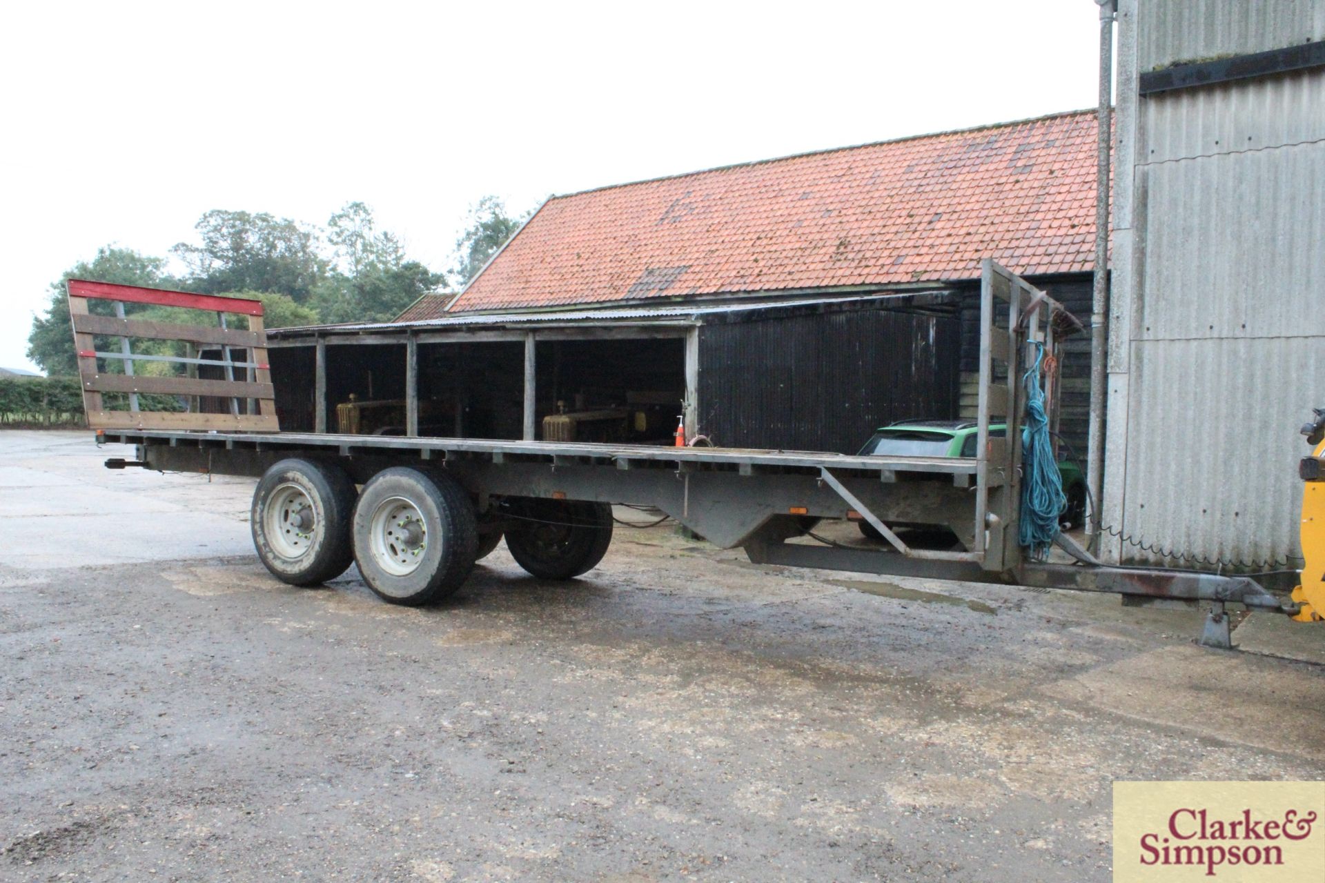 Farm made 27ft twin axle flatbed trailer. Based on Brian Legg 10T tipping trailer chassis. With