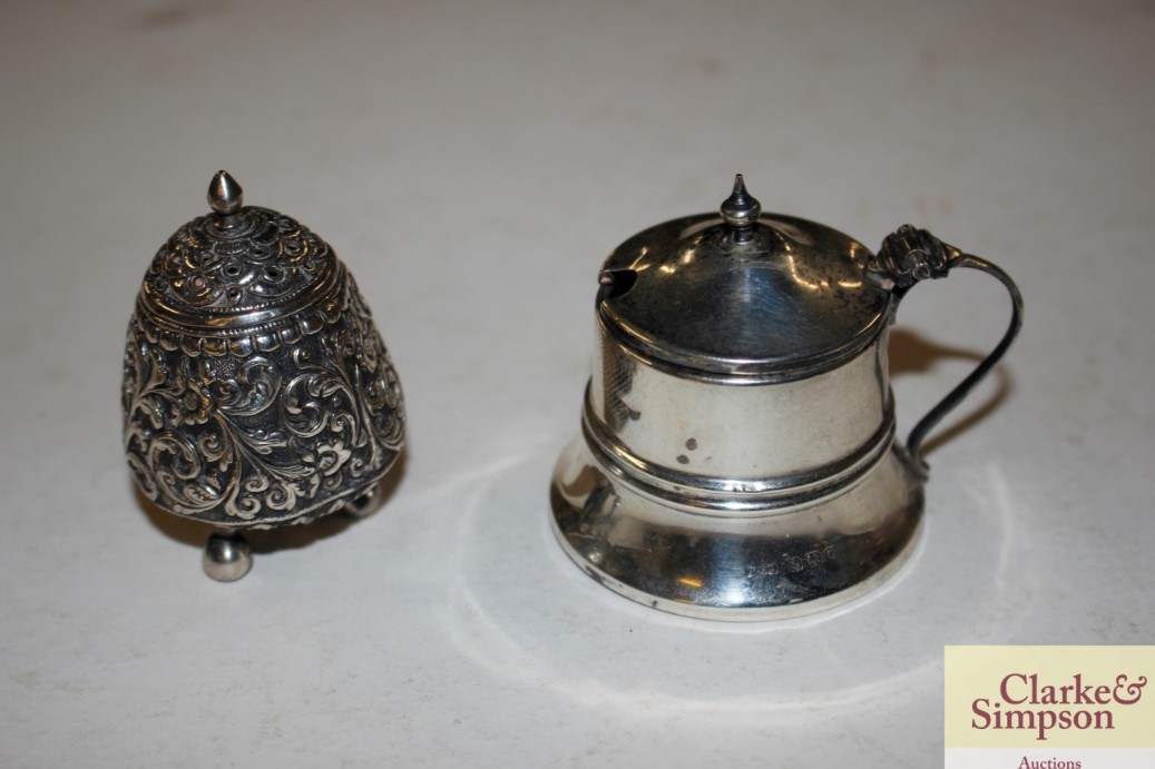 A silver mustard pot with liner; and a 19th Centur
