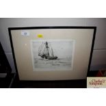 An etching of a two masted sailing ship at sea, si