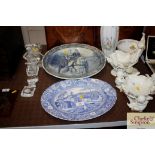 A blue and white transfer printed meat plate and a