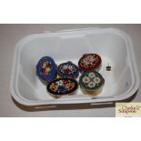 A collection of five micro mosaic pill boxes with