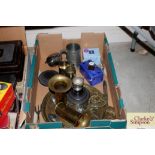 A box of various brassware and pewter etc.