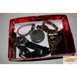 A box of various wrist watches to include a 9ct go