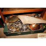 A box containing various silver plated and other metal ware etc