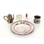 A Wiskemann plated charger; a Mappin & Webb plated planter; a hot water jug; a ruby glass spill vase