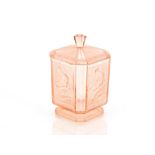 An Art Deco pink glass biscuit jar, having decorat