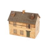 A wooden house shaped tea caddy, 26.5cm long, 20cm