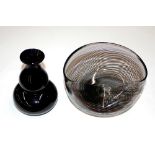 A black and clear glass Murano bowl and black glass double gourd vase