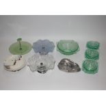 Three glass cake stands; an Alfred Meakin plate stand; a rabbit mould and a green moulded glass frui