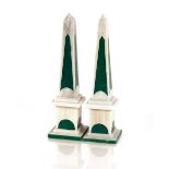 A pair of Malachite style obelisks, 42cm high