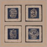 Four Chinese prints on fabric depicting period blue