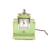 A large Art Deco green metal alarm clock / table l