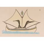 Pudlo Pudlat (1916 - 1992), "Two Loons At Sea" pencils signed st