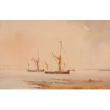 John R Pretty, study of barges at Pin Mill, signed