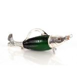 A green glass and electroplate mounted fish decant