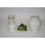 Two white glazed Sylvac vases; and a cottage cruet