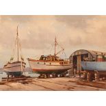 J C Middleton, study of a boatyard, signed waterco