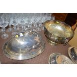 A silver plated pedestal bowl with lion mask handl
