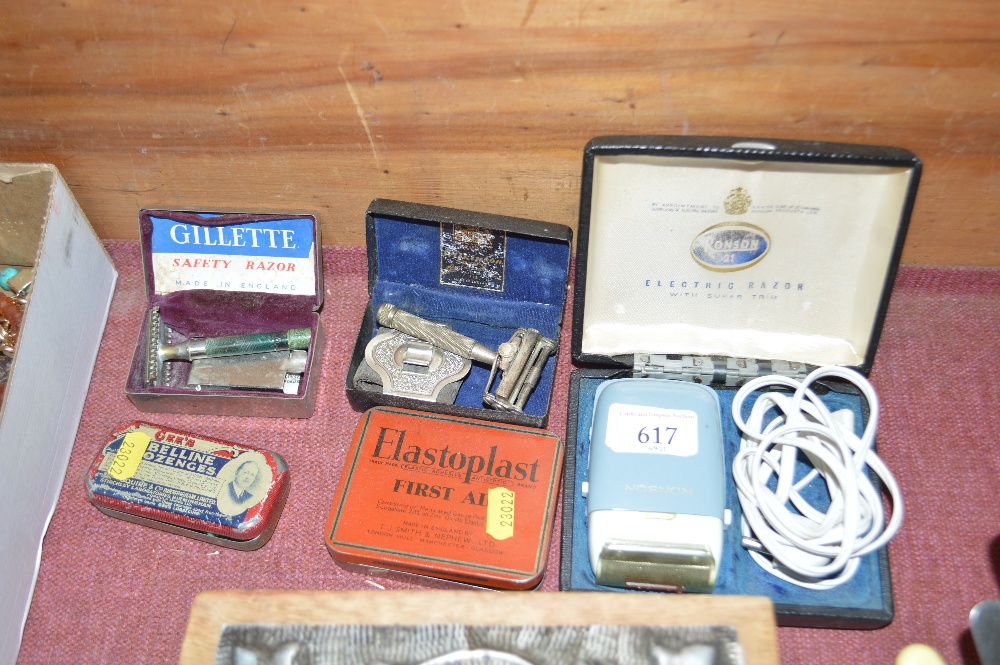 A vintage Ronson razor, other vintage razors, tins