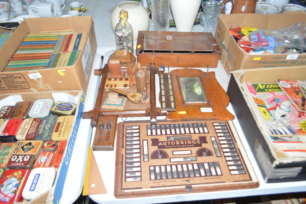 A box of mainly vintage wooden items to include tr