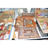 A box of mainly vintage wooden items to include tr