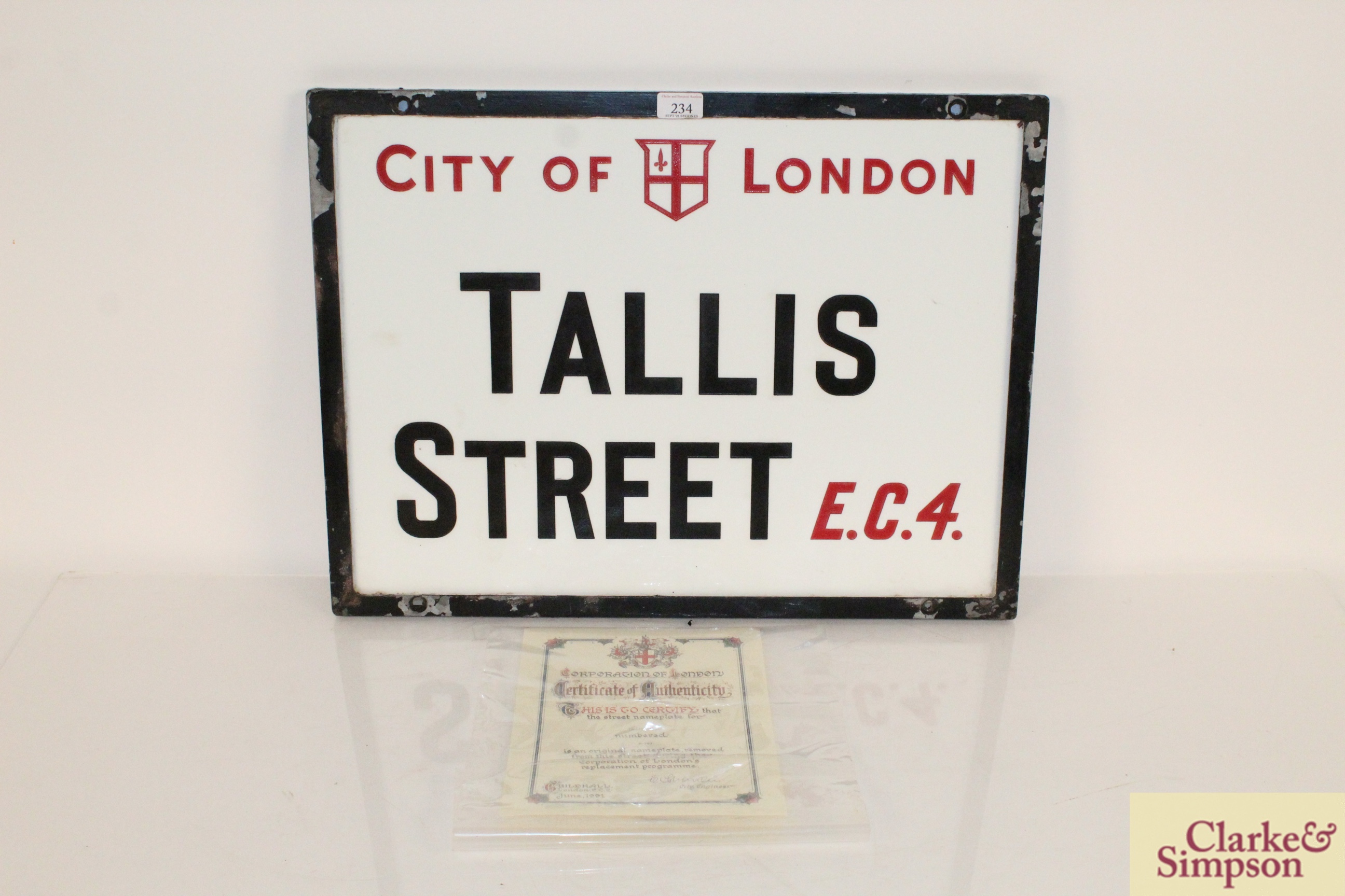 An original "Tallis Street EC4" vitreous white gla