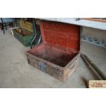 A metalware and wooden bound military tin trunk