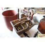 A housemaids wooden box with metal swing handle an