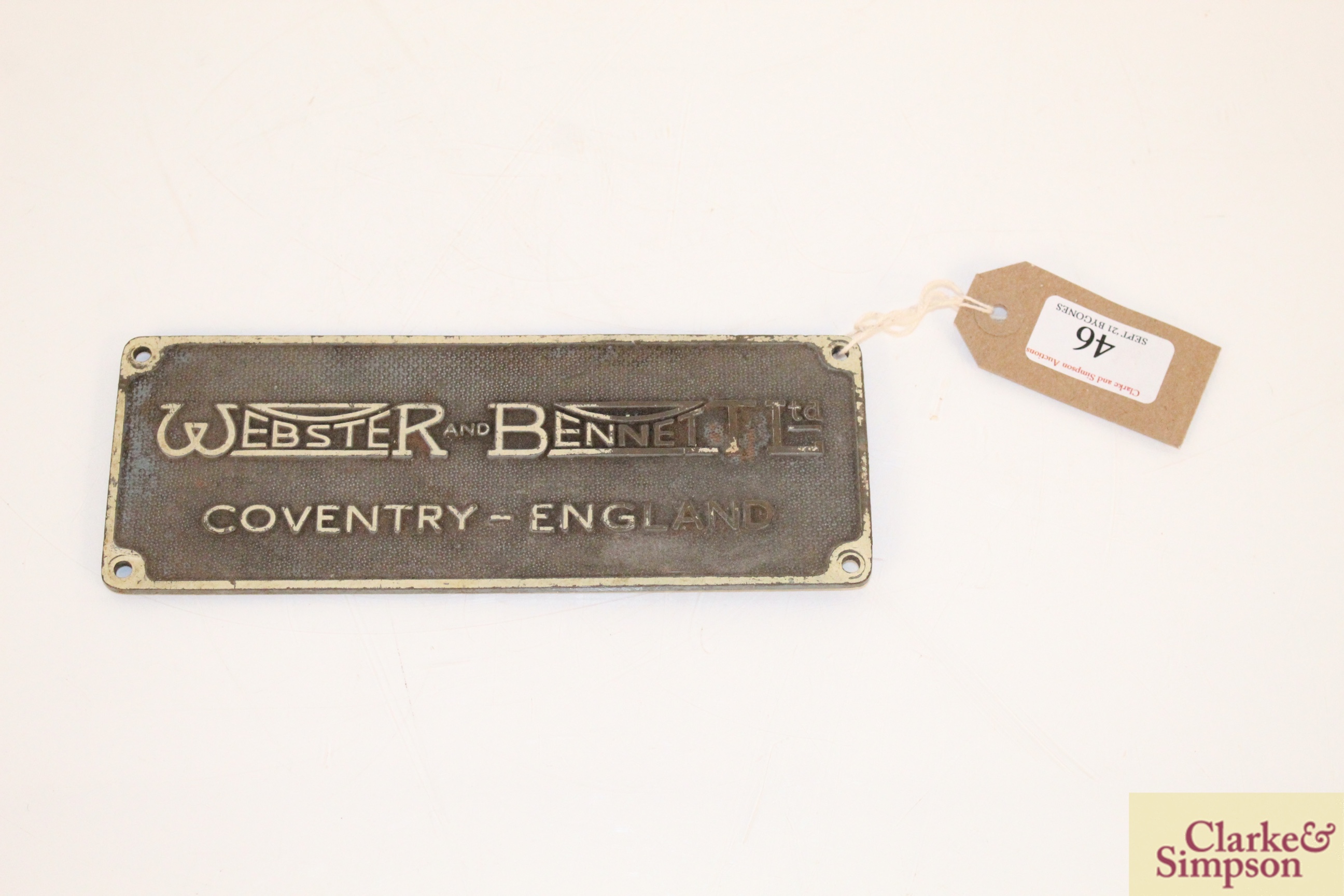 A Webster & Bennett Ltd of Coventry brass sign, 8"