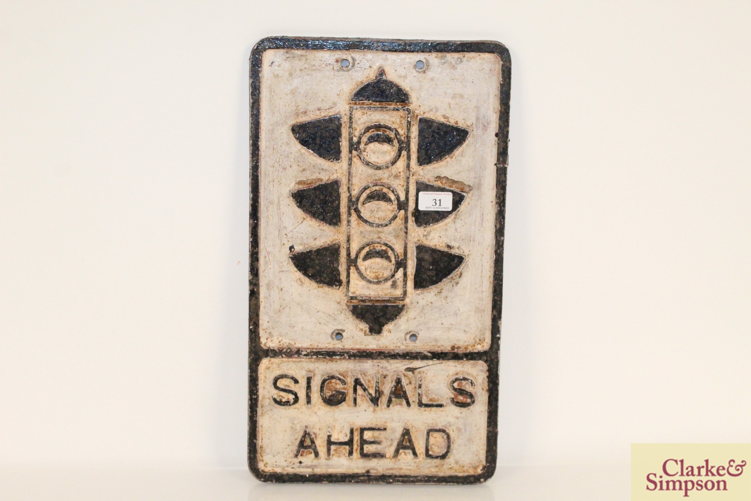 A cast metal road sign "Signals Ahead", 21" x 12"