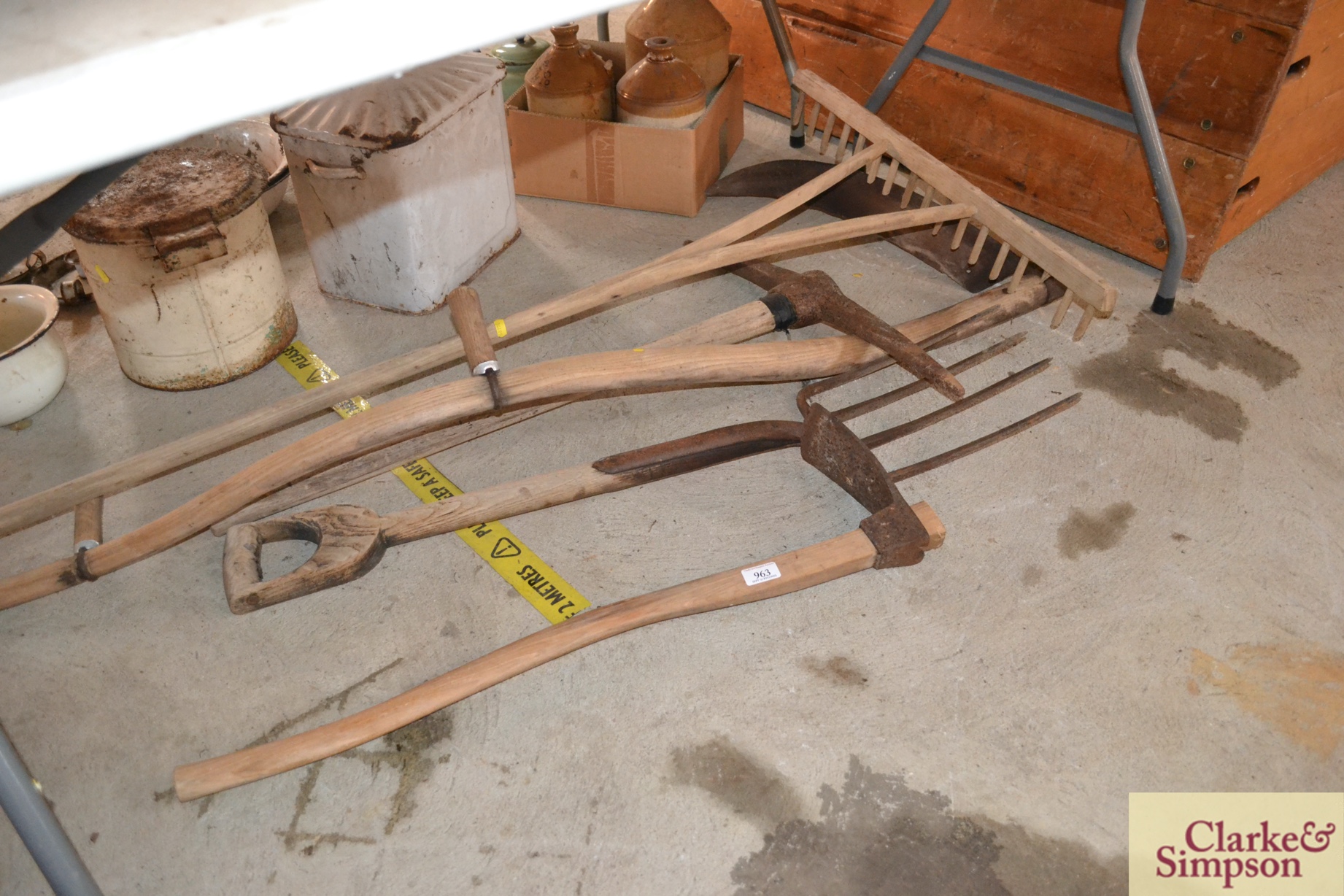 A vintage wooden rake, a scythe, a fork, a pick ax - Image 2 of 2