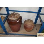 A large earthenware storage crock with pine lid a