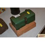 A Webb lawnmower cast iron tool box and too