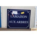 A blue enamel French house sign, approx 6" x 9"