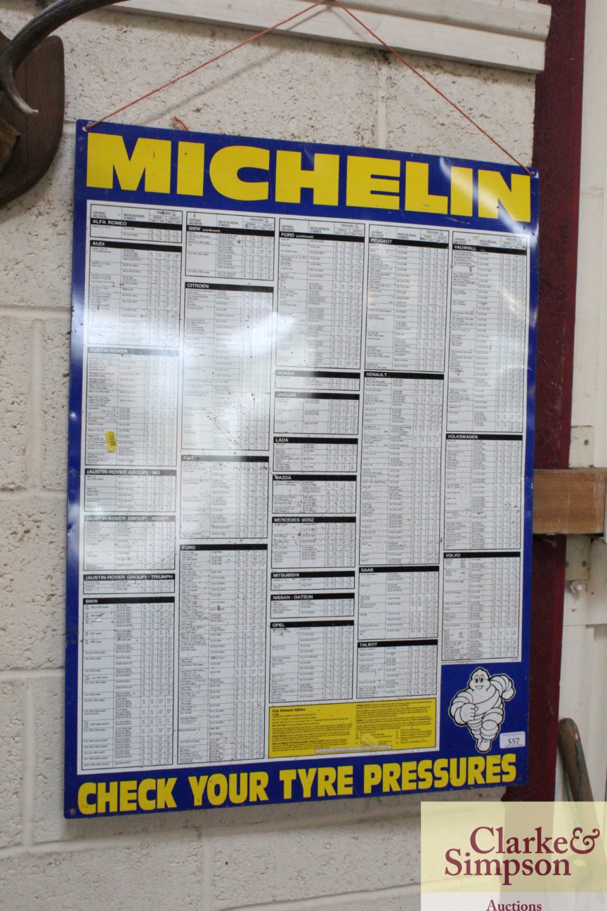 A tin Michelin Tyre Pressure chart, approx. 34" x 25"