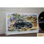 An enamel wall plaque depicting a VW Beetle, appro