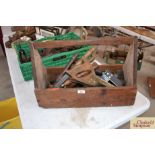 A vintage wooden carpenters tray and contents of various wood turning chisels (including marples) an