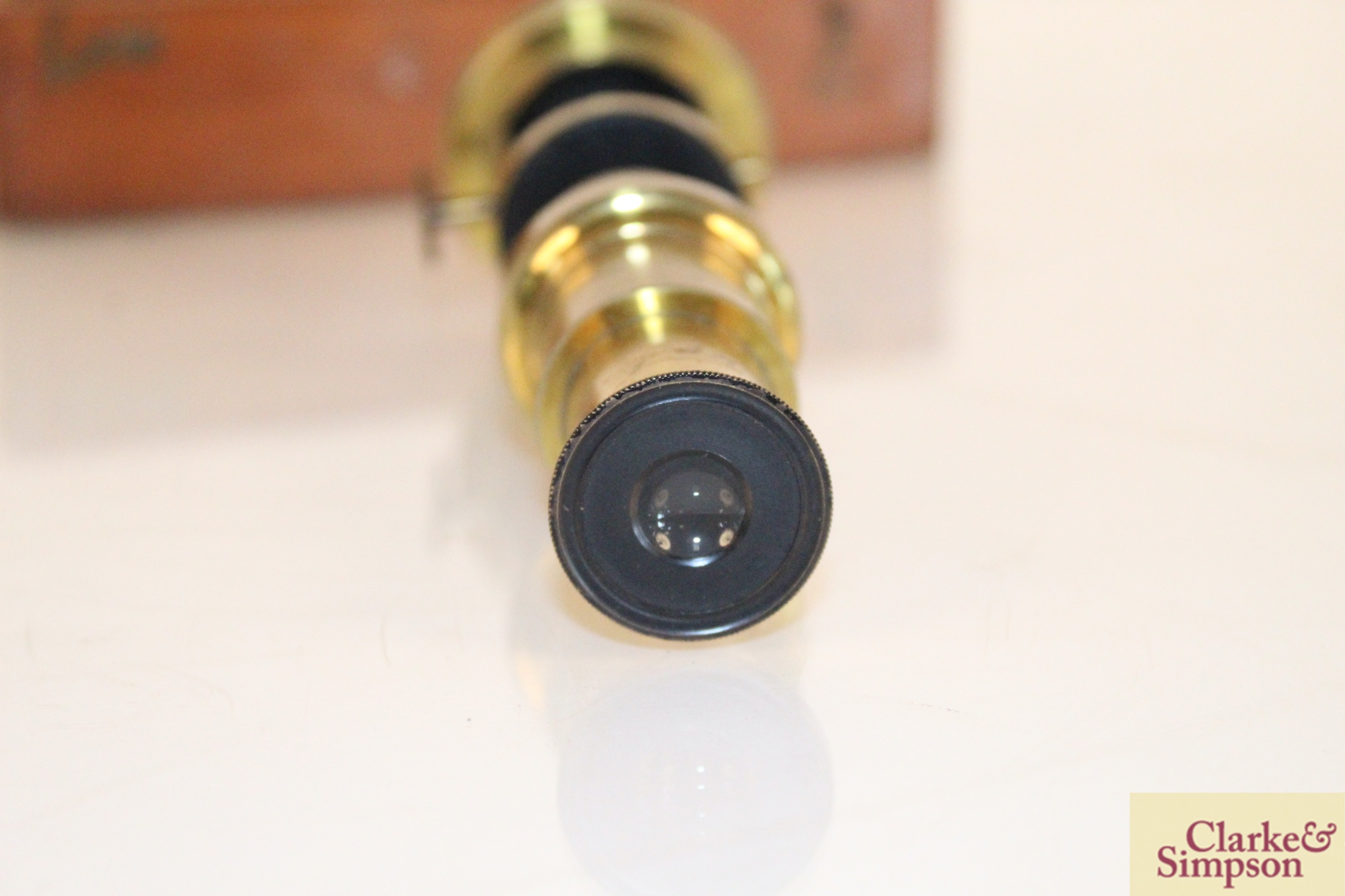 A small brass medical slide viewer in fitted wooden case, with brass slide handling tool - Image 4 of 5