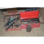 Two boxes of miscellaneous tools and a bottle jack